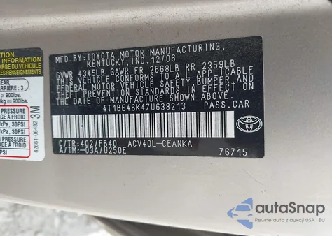 2007 Toyota Camry Le from USA, damaged, VIN 4T1BE46K47U638213